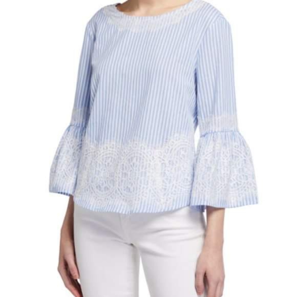 Zara blue white lace stripe bow back top M